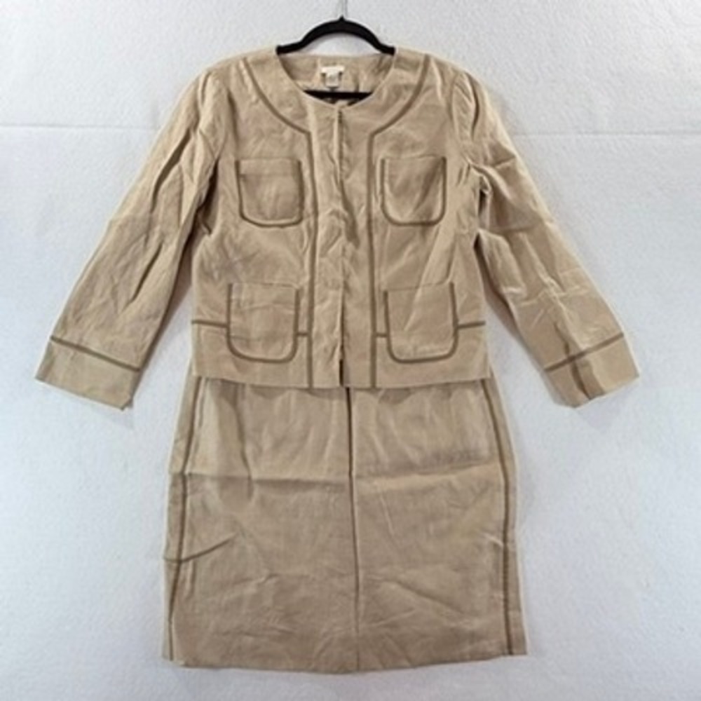J. Crew Skirt‎ Suit Women 8 Tan Linen Herringbone Piping Old Money Quiet Luxury